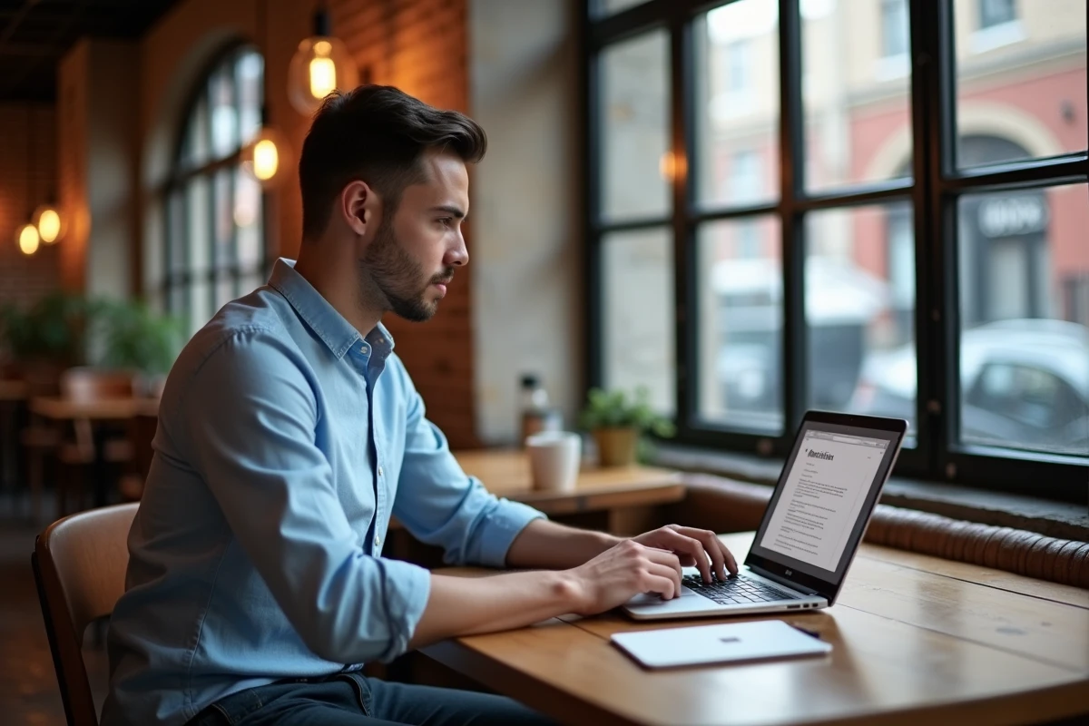 Jeune homme au café travaillant sur son ordinateur