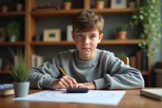 Adolescent concentré utilisant une calculatrice dans un bureau chaleureux