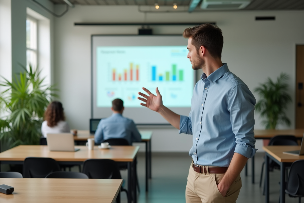 Jeune homme faisant une présentation dans un espace coworking