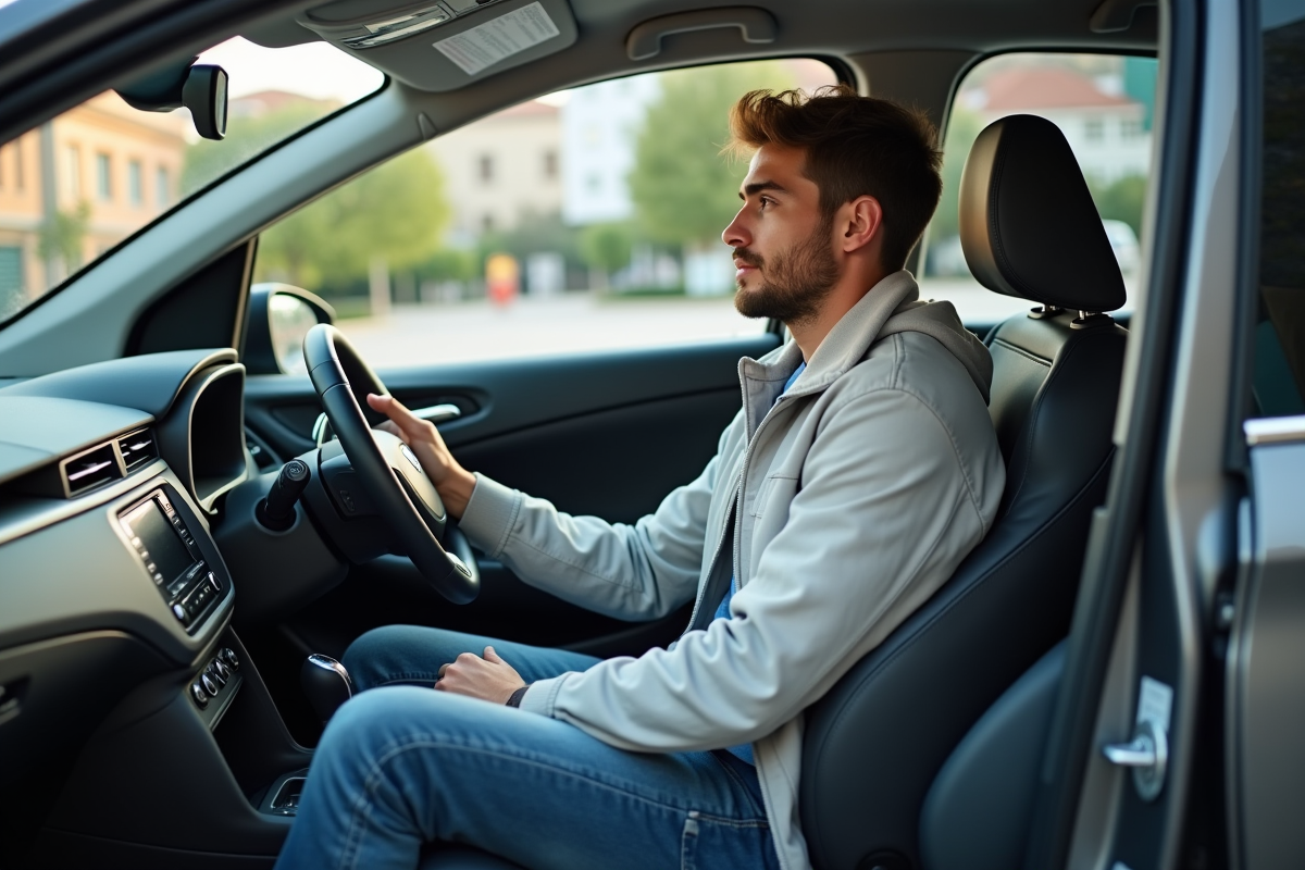 Jeune homme dans une voiture hybride à une station de recharge urbaine
