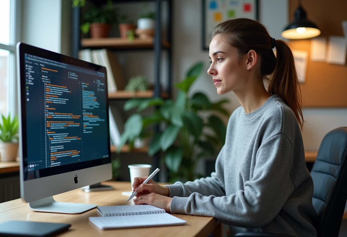 Jeune journaliste technologique prenant des notes en surveillant des alertes