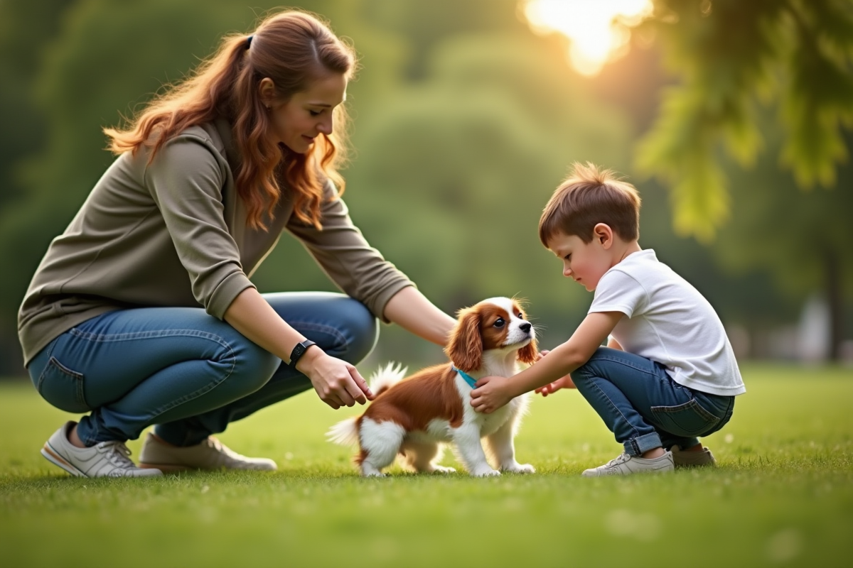 Jeune personne entraînant un cavalier king charles dans un parc vert