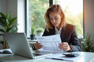 Jeune professionnel analysant une fiche de paie et calculatrice