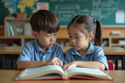 Adolescents en classe avec livre ouvert et expressions attentives
