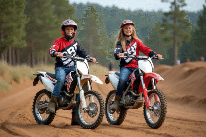 Jeunes motocross souriants avec CRZ Dirt 125 en extérieur