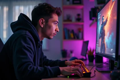 Joueur concentré sur un jeu de bombe en ligne avec réglages optimisés pour éviter le lag
