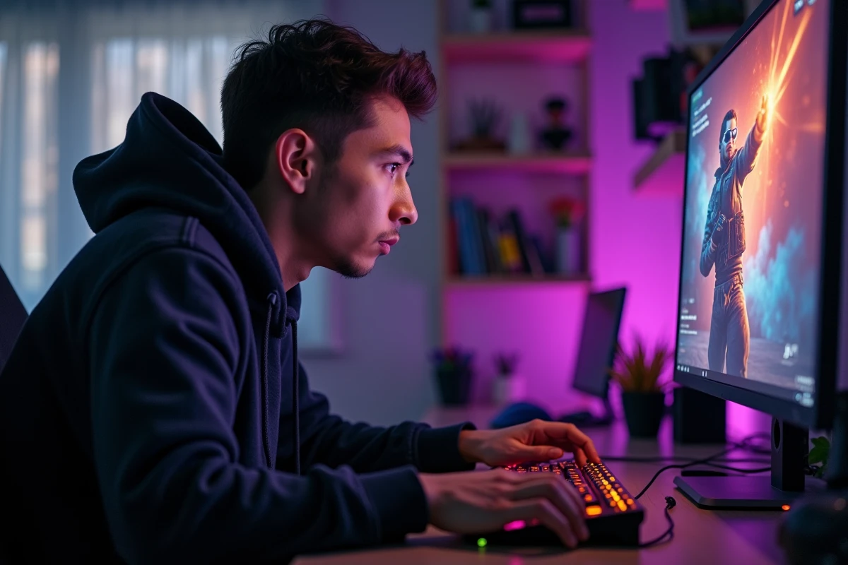 Joueur concentré sur un jeu de bombe en ligne avec réglages optimisés pour éviter le lag