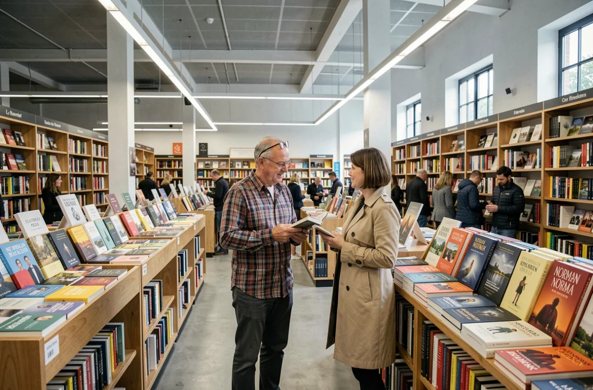 Un libraire conseille une cliente dans les allées bien organisées de La Galerne, grande librairie généraliste du Havre