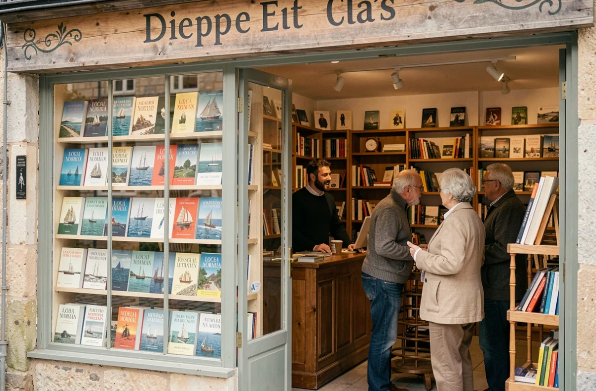 Le libraire de La Grande Ourse à Dieppe conseille des clients parmi une sélection d'auteurs normands et de livres d'histoire maritime dans sa petite boutique indépendante