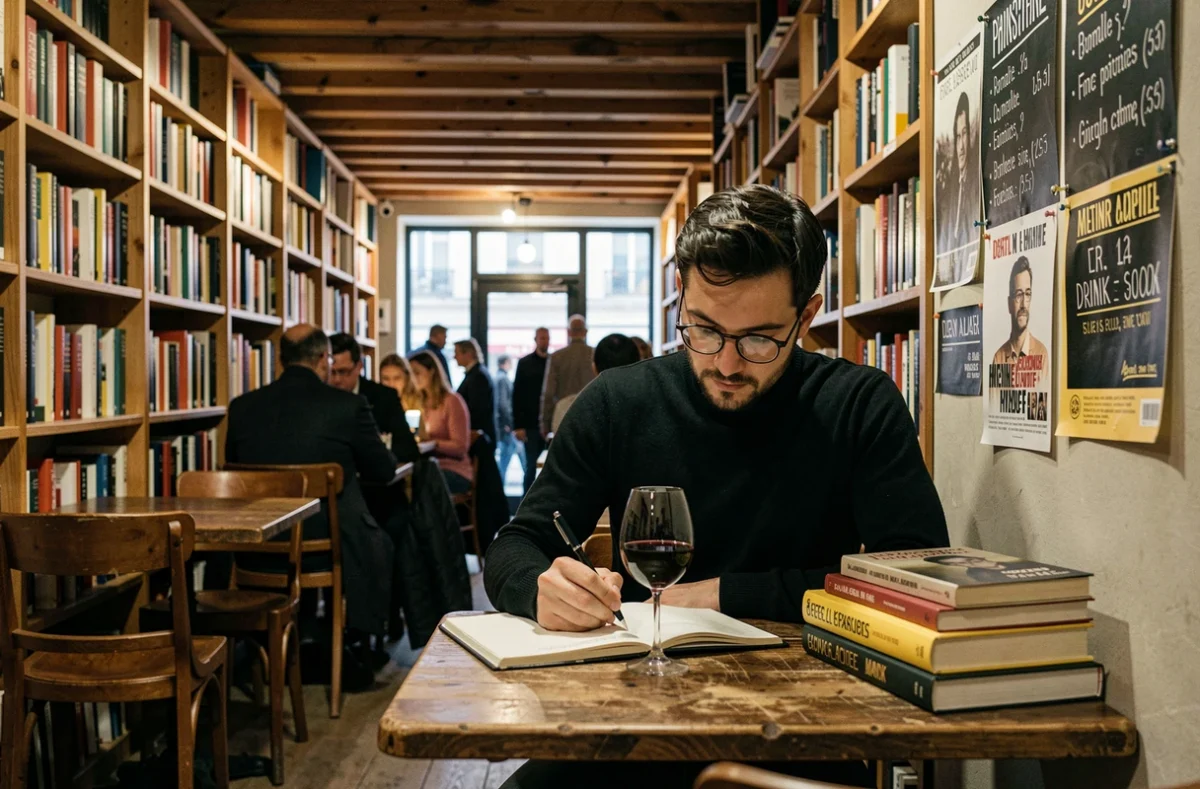 Un homme écrit dans son carnet avec un verre de vin dans la librairie-café La Tonne à Rouen, entouré d'étagères littéraires et d'affiches d'événements culturels