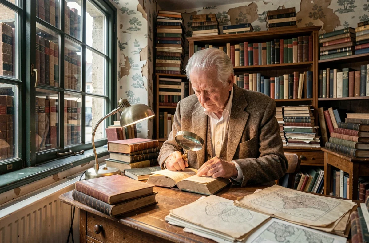 Un vieux bouquiniste examine un livre ancien à la loupe dans sa boutique à colombages de Pont-Audemer, entouré de piles de volumes anciens et de cartes
