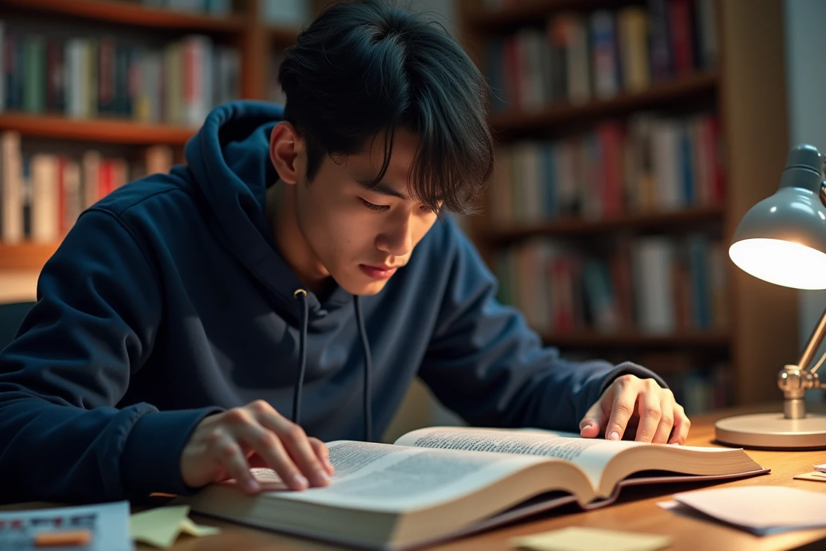 Jeune homme lisant un manga One Piece avec concentration dans une chambre entourée de volumes manga et de notes de fan