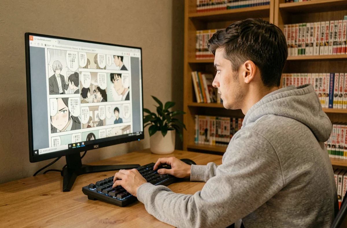 Jeune homme lisant des mangas sur PC avec des réglages d'affichage optimisés pour le confort visuel