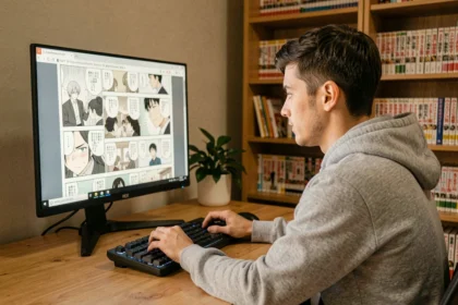 Jeune homme lisant des mangas sur PC avec des réglages d'affichage optimisés pour le confort visuel
