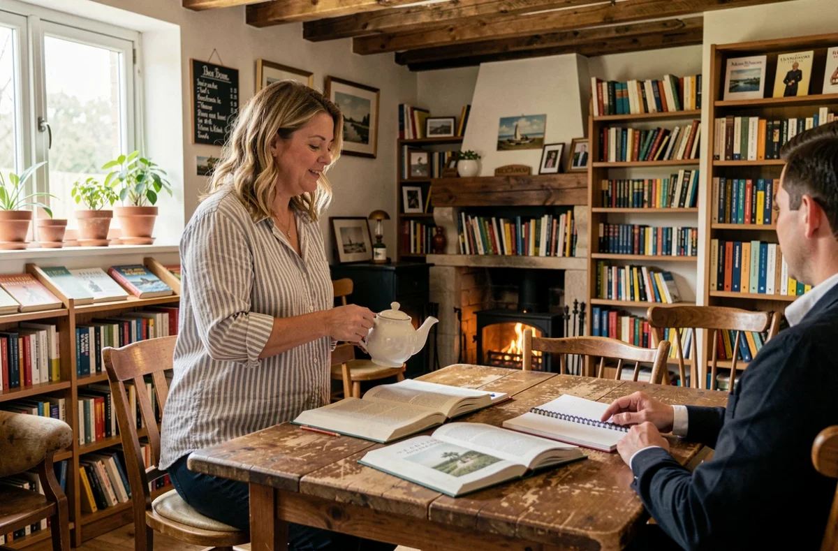 Une femme sert du thé à un client attablé parmi des livres dans le café-librairie Les Bucoliques au Tréport, avec des étagères intégrées entre les poutres en bois