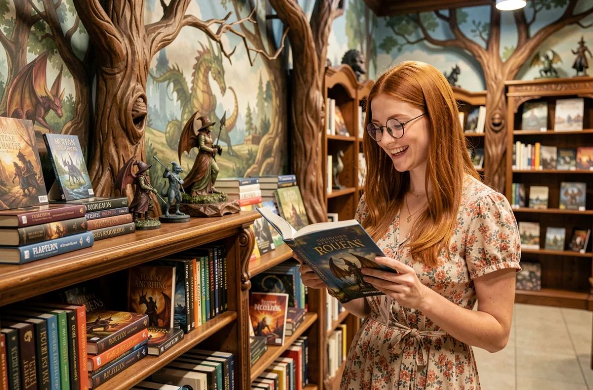 Une jeune femme découvre un roman fantastique dans la librairie Les Mondes Magiques à Rouen, décorée de fresques de créatures mythiques et d'étagères sculptées