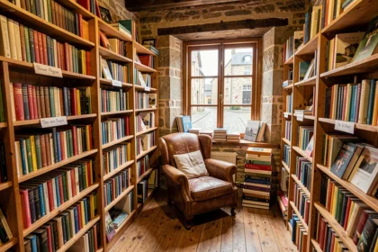 Intérieur d'une librairie indépendante normande avec des rayonnages en bois chargés de livres colorés et un fauteuil en cuir dans un coin lecture
