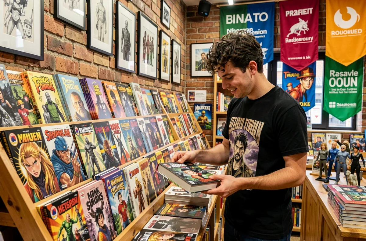 Un jeune homme parcourt des bandes dessinées dans la librairie Lumière d'Août à Rouen, avec des couvertures illustrées exposées sur des étagères en bois