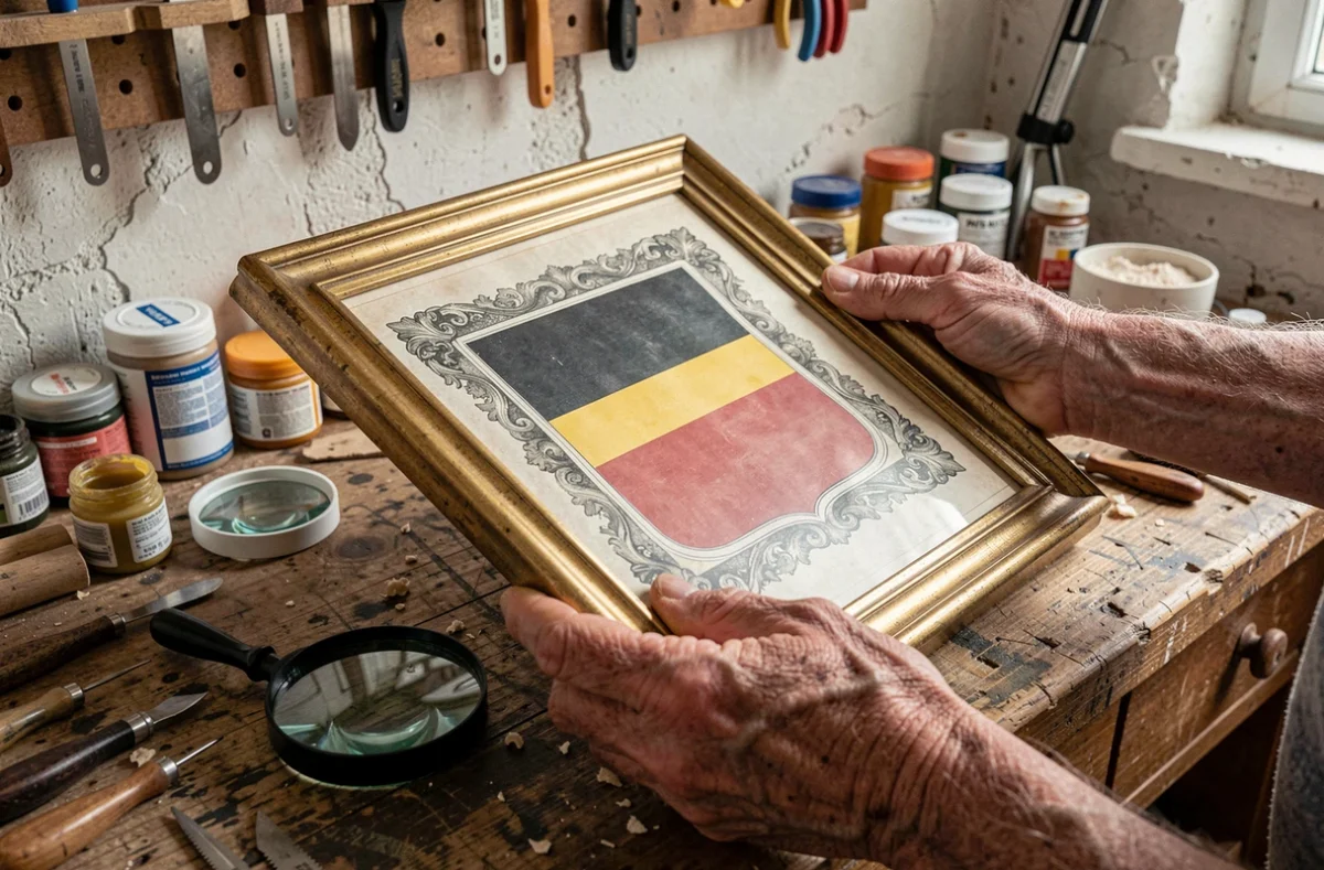 Mains expertes d'un restaurateur tenant une gravure héraldique ancienne aux couleurs noir jaune rouge
