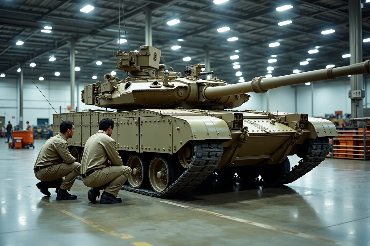 Mécaniciens militaires effectuant la maintenance d'un char M1A1 Abrams dans un hangar, inspection du train de roulement et des chenilles
