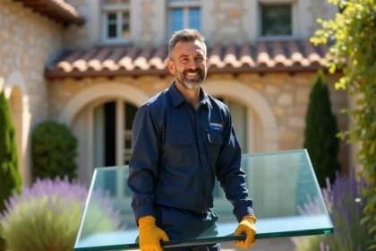 Vitrier professionnel portant une grande vitre en Provence-Alpes-Côte d'Azur devant une façade en pierre typique