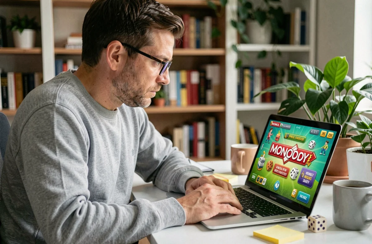 Homme utilisant un ordinateur portable pour accéder à des dés gratuits en continu sur Monopoly Lien