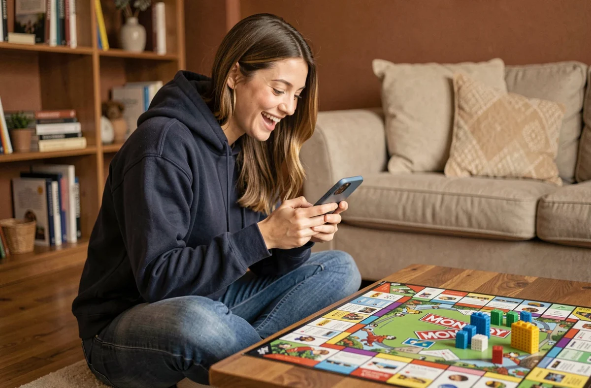 Jeune femme jouant à Monopoly Lien sur smartphone avec des dés gratuits affichés à l'écran