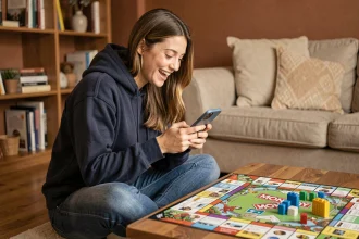 Jeune femme jouant à Monopoly Lien sur smartphone avec des dés gratuits affichés à l'écran