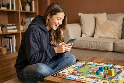 Jeune femme jouant à Monopoly Lien sur smartphone avec des dés gratuits affichés à l'écran