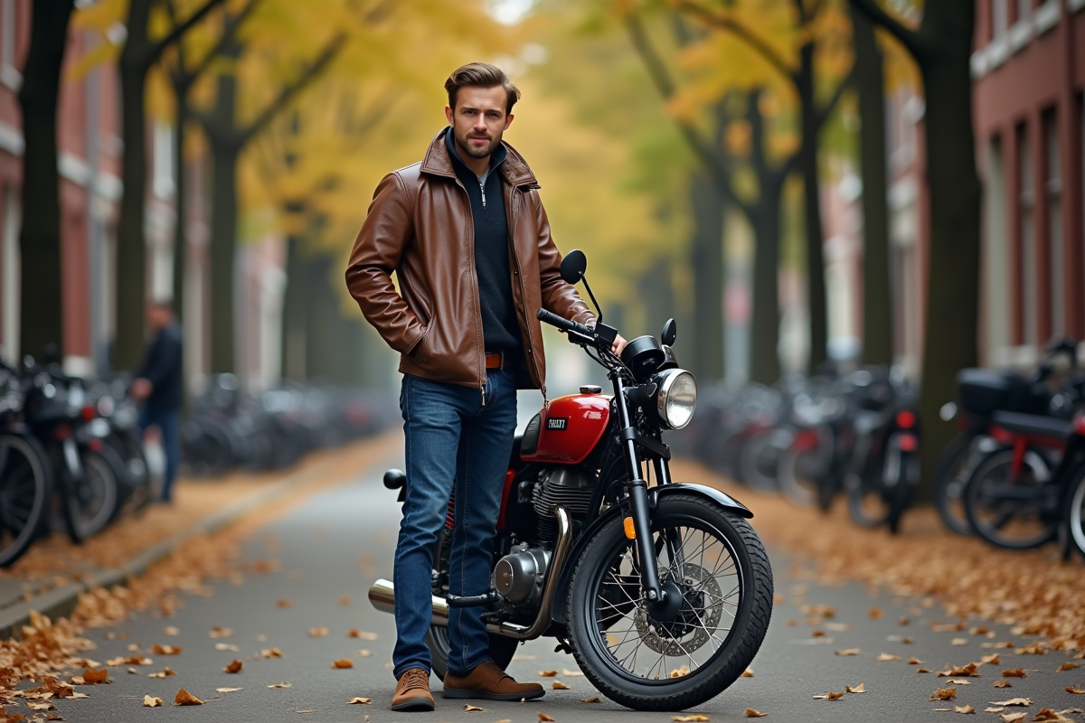 Homme en veste vintage à côté d'une Honda Dax en ville