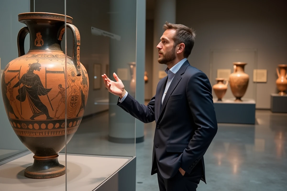 Conservateur de musée étudiant une amphore grecque antique illustrant le mythe de Prométhée dans une galerie archéologique