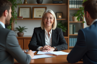 Notaire femme discutant avec un jeune couple dans un bureau moderne
