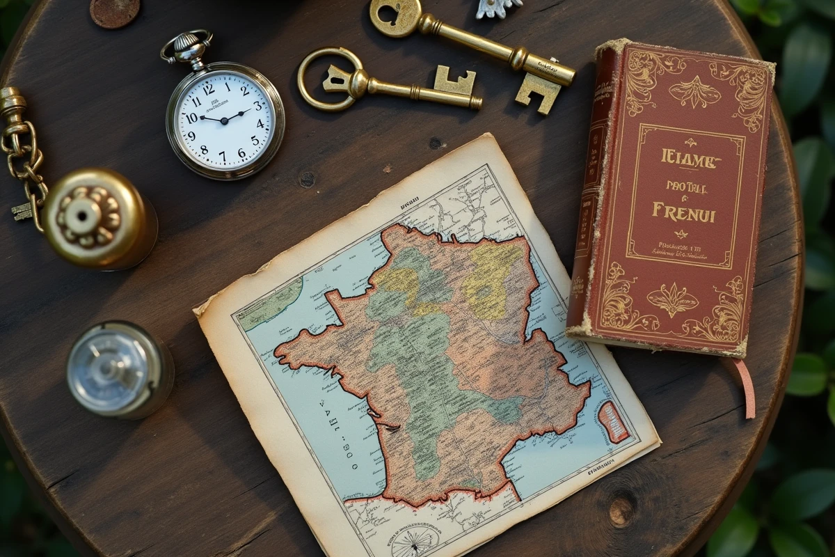 Flat-lay d'objets chinés à la brocante des Yvelines : montre gousset, clés anciennes et carte vintage
