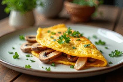 Omelette aux chanterelles dorées sur assiette rustique