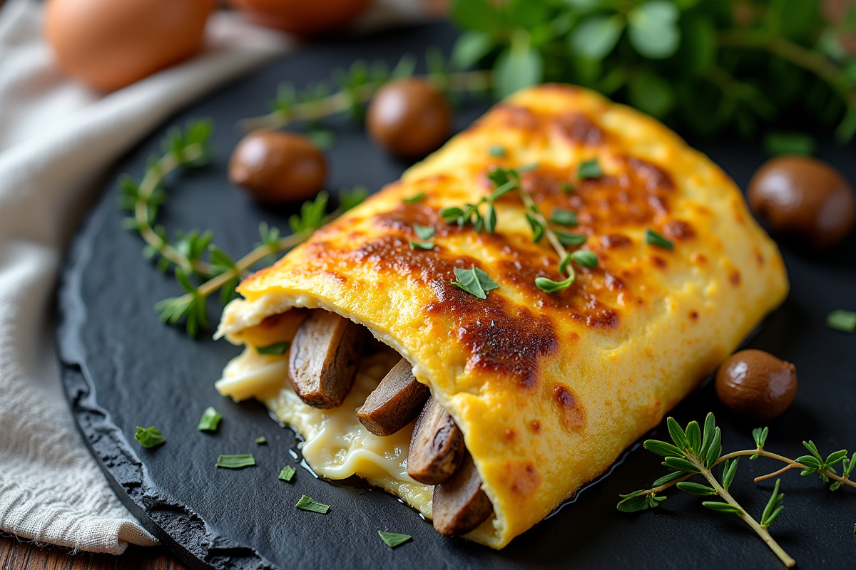Tranche d omelette aux girolles sur planche sombre