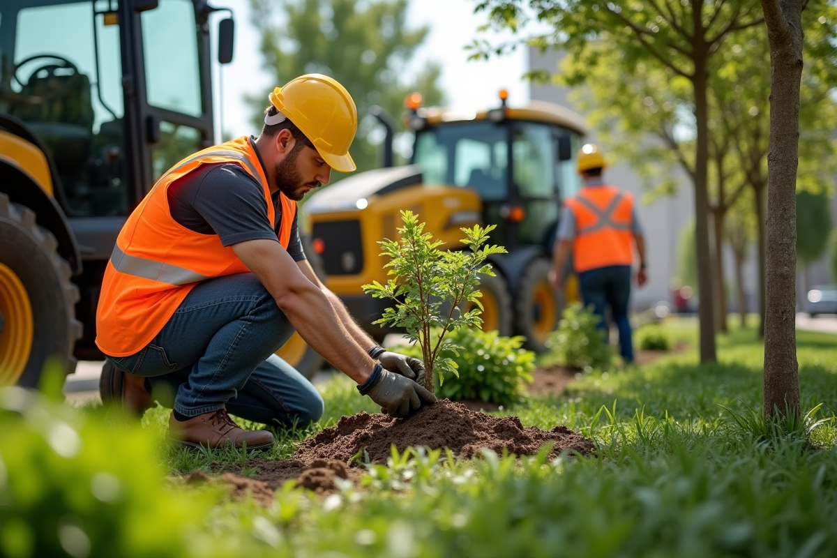 Ouvriers plantant des arbres devant des machines eco-responsables