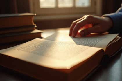 Main feuilletant un ancien code civil français en lumière chaleureuse