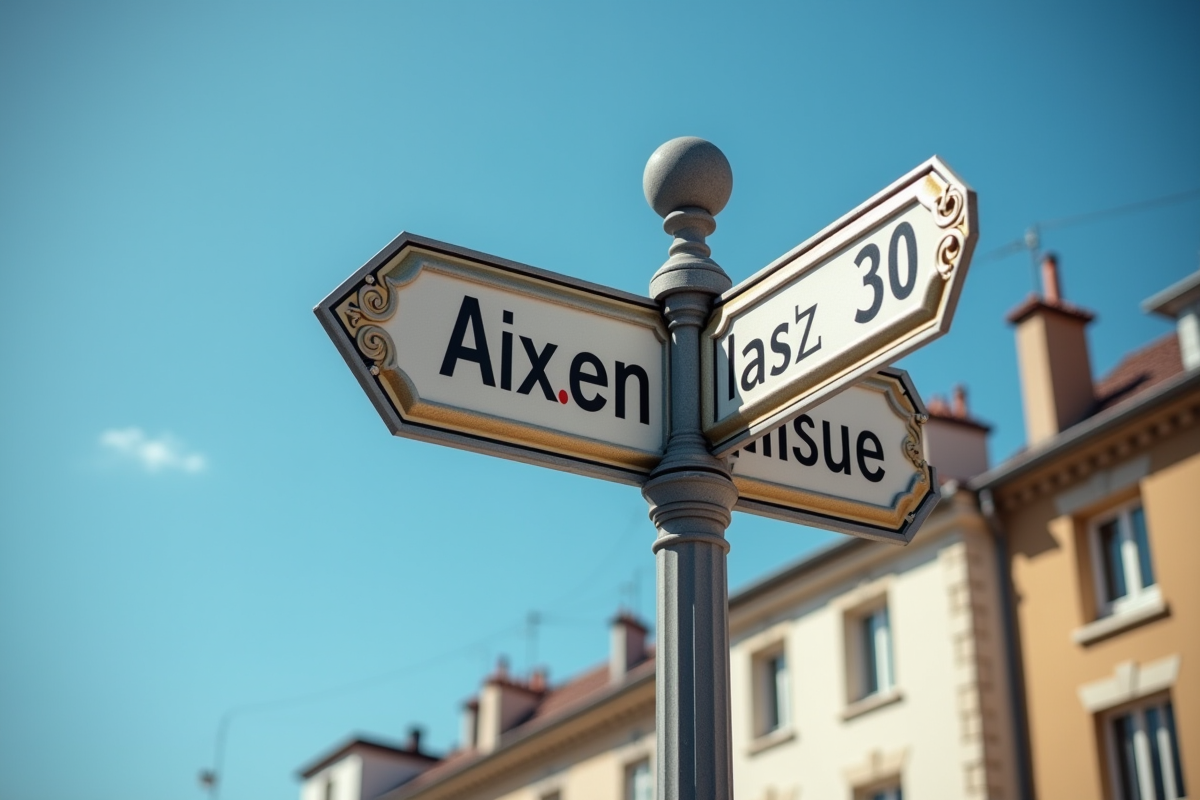 Panneau de rue avec le nom Aix en Provence et le code postal en plein soleil