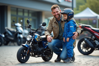 Père et fils examinent une moto Yamaha PW50 devant un concessionnaire