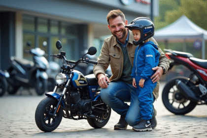 Père et fils examinent une moto Yamaha PW50 devant un concessionnaire