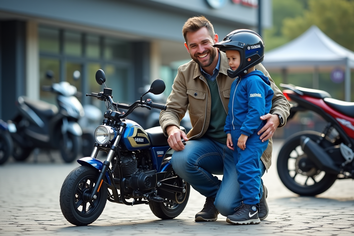 Père et fils examinent une moto Yamaha PW50 devant un concessionnaire