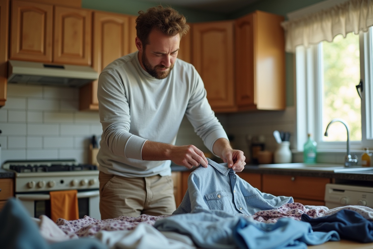 Père pliant des vêtements d enfants usés à la maison