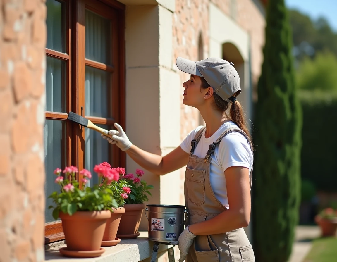 Peintre professionnelle des Peintures Azuréennes appliquant de la peinture sur les encadrements de fenêtres d'une villa provençale