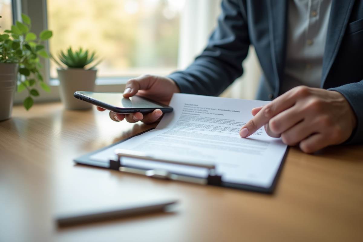 Personne tenant une lettre ouverte et un smartphone sur un bureau lumineux
