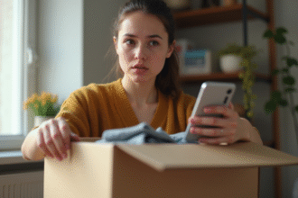 Personne vérifiant les frais de livraison sur smartphone en préparant des vêtements d'occasion à la maison