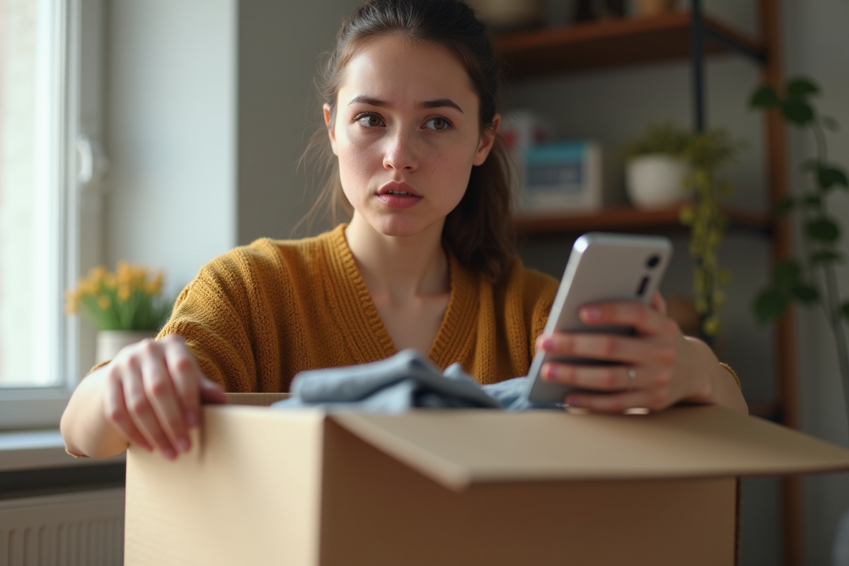 Personne vérifiant les frais de livraison sur smartphone en préparant des vêtements d'occasion à la maison