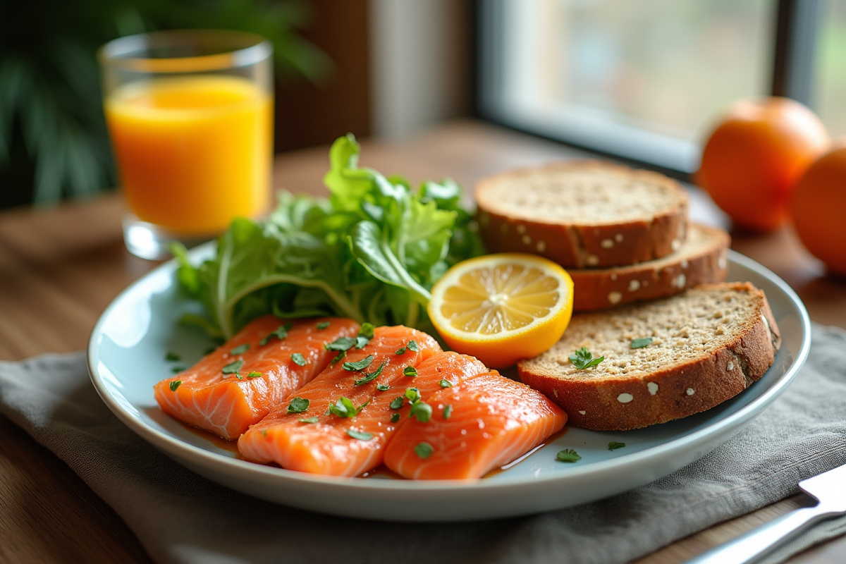 Petit déjeuner avec saumon grillé et jus d
