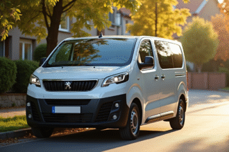 Voiture Peugeot Rifter 7 places sur une rue ensoleillee