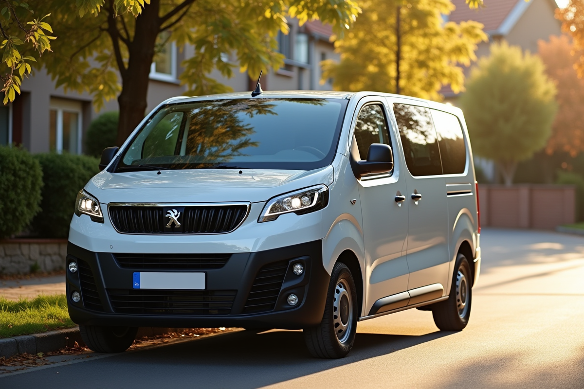 Voiture Peugeot Rifter 7 places sur une rue ensoleillee