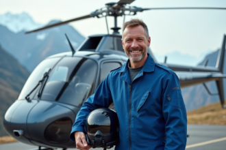 Pilote homme en tenue de vol près d'un hélicoptère en montagne